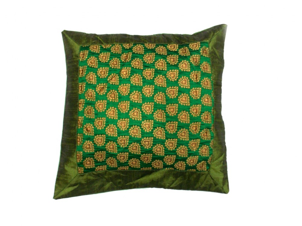 JAIPURI CUSHION COVER PILLOW CASE FLORAL DESIGN SILK FABRIC GREEN COLOR SIZE 17x17 INCH